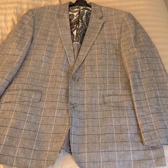 Joseph Abboud Mens Lined Linen Blazer.  Brown /Tan Windowpane Print. Size 44 L. - Picture 4 of 9